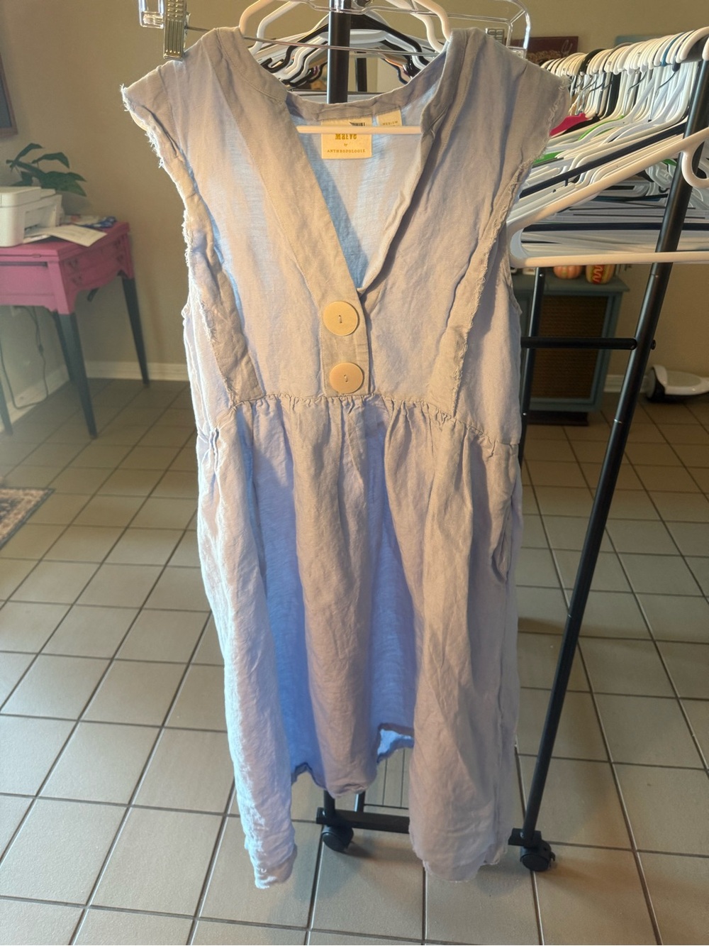Maeve Light Blue Linen-Blend Maxi Dress with Front Buttons